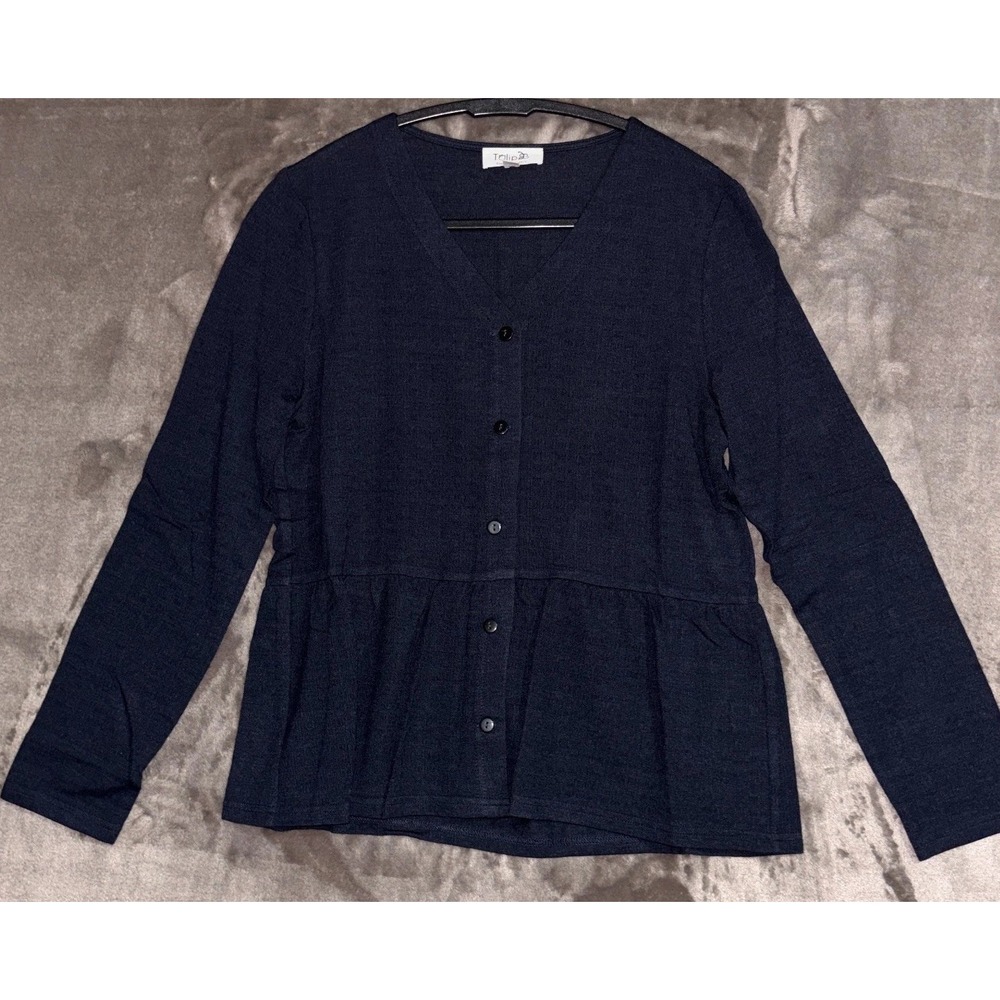 Tulip B Top Womens Medium Navy Black Stretch V-Neck Button‎ Front